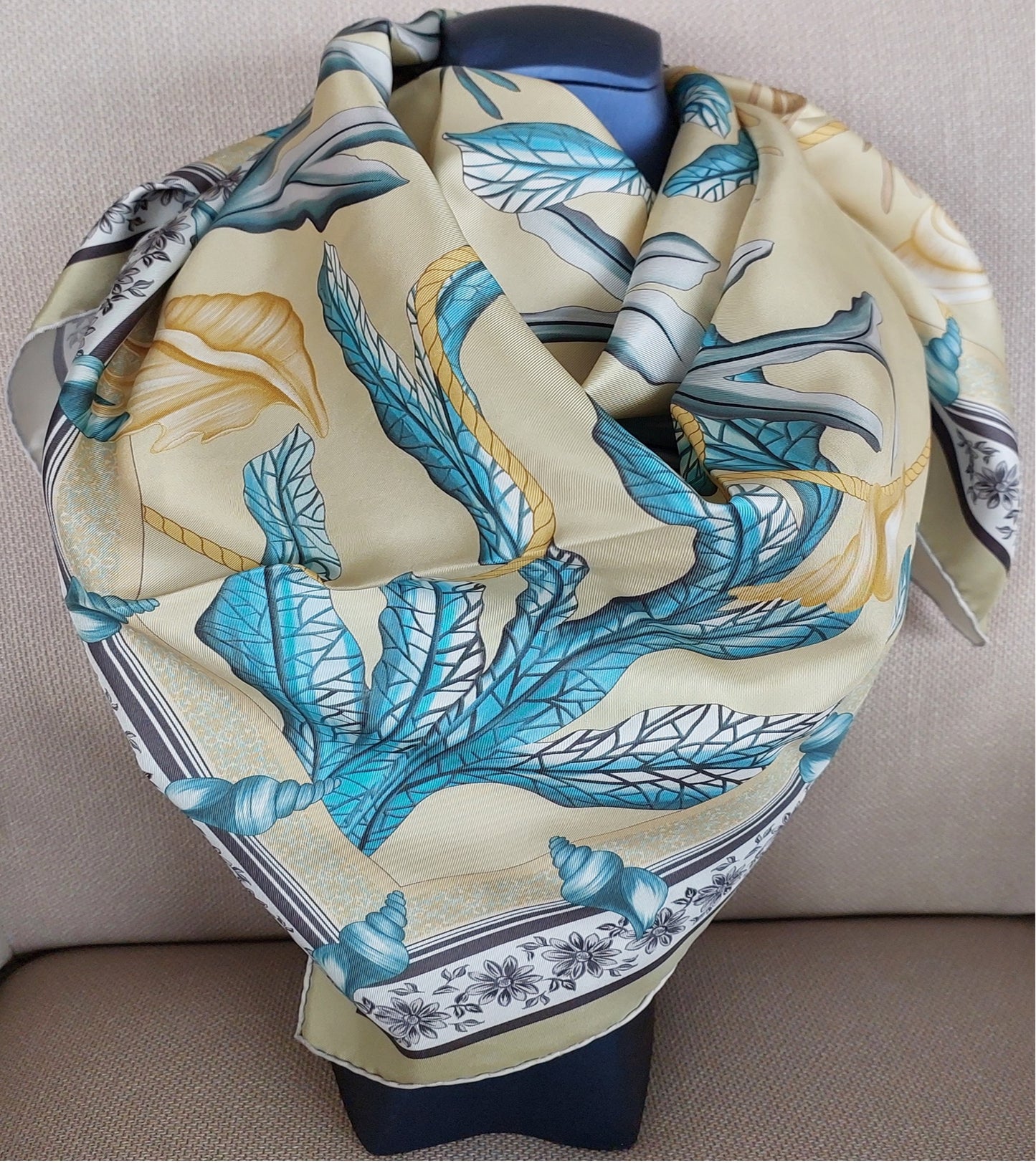 Woman Scarf 100% Silk Seashell design Light Green and Blue Colors Hand rolled Great Gift for Her