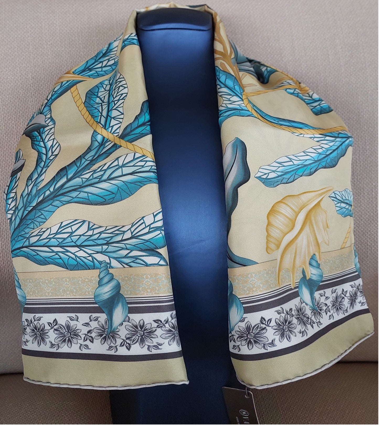 Woman Scarf 100% Silk Seashell design Light Green and Blue Colors Hand rolled Great Gift for Her